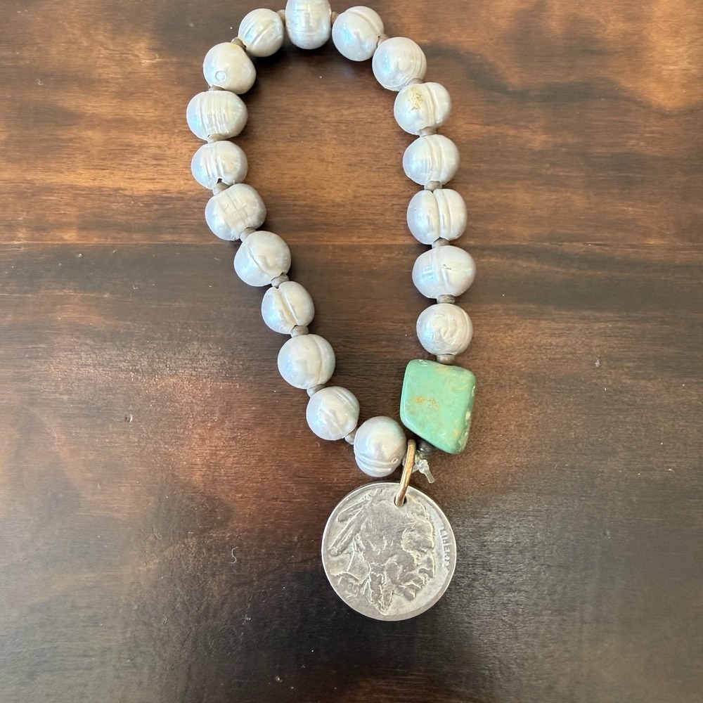 Boho Baroque Pearl Stretch Bracelet Turquoise Chunk Buffalo Nickel Coin Charm - Picture 4 of 5